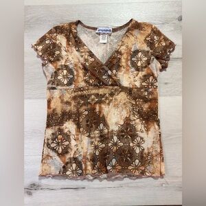 Y2K MissUnderstood V Neck Empire Mesh Brown Patterned Top, XL, fits like Medium